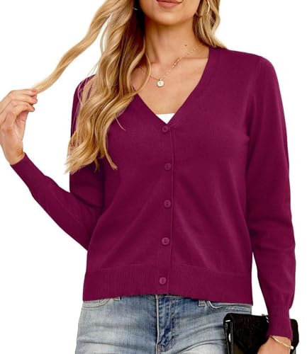 GRECERELLE Women's Lightweight Knit V-Neck Cardigan Jumper Casual Soft Long Sleeve Buttons Down Jumpers Tops for Dress Summer Evening Wedding (Wine Red, L)