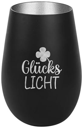 Der-Porzellan-Laden Windlicht mit Gravur GlücksLicht, Schwarz Silber, Teelichthalter aus Glas mit Spruch, Tischdeko modern