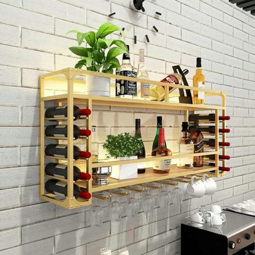 XENITE Wandmontiertes Weinregal mit Lichtern, industrieller Metall-Spirituosenschrank zur Wandmontage, 2-stufiges Holzregal, schwebende Regale, Präsentationsregal für Bar, Zuhause, Küche*1