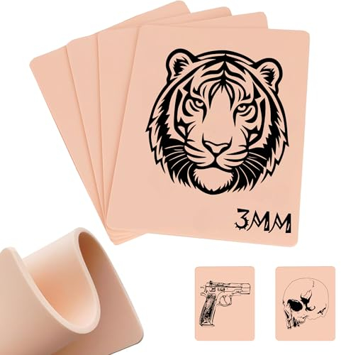 3mm Piel Sintetica Tatuaje, Emalla 4 Piezas Piel de Práctica de Tatuaje 19cm x 14cm Doble Cara Silicona Falsa Piel Tatuaje Kit Tatuaje Principiante y Artists