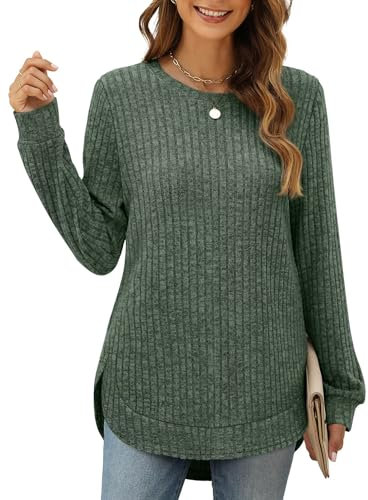 XIEERDUO Pullover Damen Strickpullover Sweatshirt Langarmshirt Herbst Winter Tunika Tshirt Elegant Oberteile Top Grün 2XL