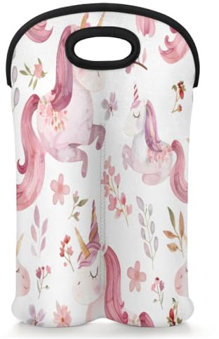 Mintoprints Nette Cartoon Einhorn Blumen Wein Carrier Tote Tasche für 2 Flaschen Neopren Wein Flasche Halter Träger Tasche Fall Weinkühler Tasche für Reisen, Picknick, Party
