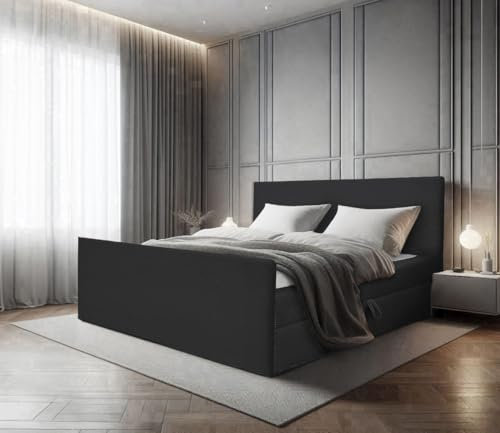 EURO-MOEBEL Bett Doppelbett Boxspringbett TOP POSO mit Fußteil Bonell-Matratze Topper Visco +2 Bettkästen, H3 (Schwarz: POSO 135, 180 x 200 cm)