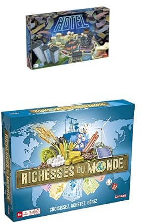 Lansay - LOT: 2 Jeux de Société : 1 Jeu Hotel + 1 Jeu RICHESSES du Monde - Jeux de Plateaux pour Enfants dès 8 Ans - Jouer en Famille - Apprentissage Stratégie et Gestion - 2 à 6 Joueurs - en Français
