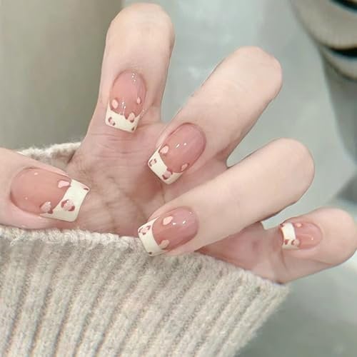 French Fake Nails Short,24pcs Lovely Pink Press on Nails,Acrylic French Stick on Nails with Glue,Full Cover Fake Nails Pink Leopard Print False Nail with Glue,Home DIY Manicure