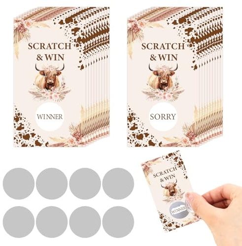 Sursurprise 50 PCS Hochland Kuh Scratch Off Karten, Hochland Kuh Partyspiel, Hochland Rinder Lotterie Preis Verlosung Tickets für Bauernhof Tier Heilige Kuh Geburtstag Baby Shower
