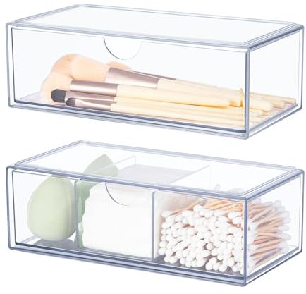 FoiiLiio Make up Kosmetik Organizer 2 Set, Make up Organizer mit Schubladen, Wattestäbchen Behälter Transparent Einfache Aufbewahrung für Eyeliners Lippenstift Wimperntusche Make Up Pinsel Wattepads