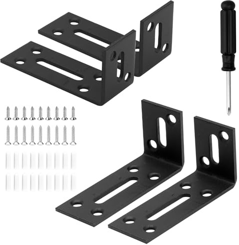 APOMOONS 4 Pezzi Angolo Foro Scanalato Connettore Angolare Nero con 1Pcs Cacciavite A Croce, Angolo Nero Metallo Metallo Angolo di Montaggio 90 Gradi per Tavolo Sedia Libreria (8x4x3cm)