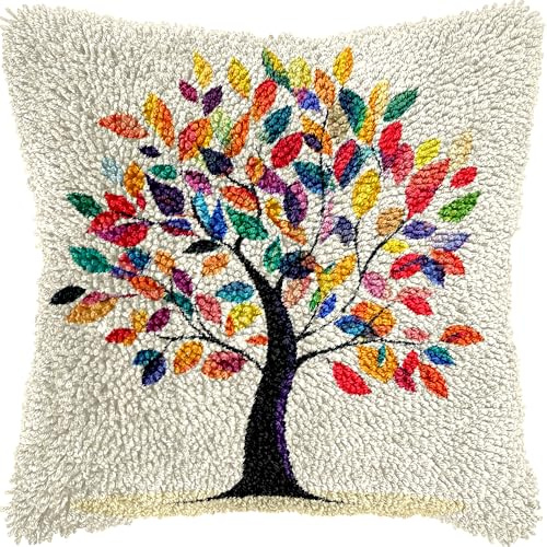 Colorful Life Tree DIY Latch Hook Kits Pillow with Printed Canvas Cushion Crochet Yarn Embroidery Hook and Latch Kit Pillowcase Christmas Decor 43x43cm(4)