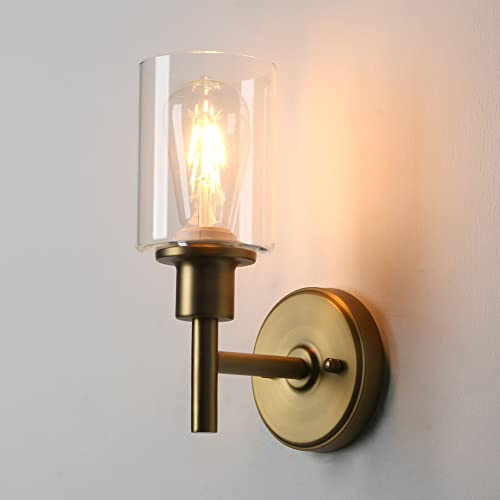 Glas Wandleuchte Innen Wandlampe für Küche Flur Schlafzimmer Wohnzimmer Bad | Vintage Wandleuchte E27 Innen Lampe mit Handgeblasense klarglas und Gold Messing Stabile senkrecht stänge Metall Halterung