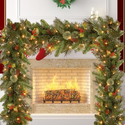 Garland de Navidad con luces, 1.8m 30 LED iluminan guirnaldas de Navidad artificiales con conos de pino y bayas rojas, guirnaldas de con batería para decoraciones de interior de chimenea de m