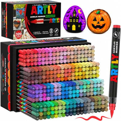 Efimeso 320 Couleurs de Feutre Acrylique Set de Marqueurs, Feutres Coloriage Adulte,Acrylic Marker à base d'eau pour Roche, Tissu,Céramique, Bois, Toile