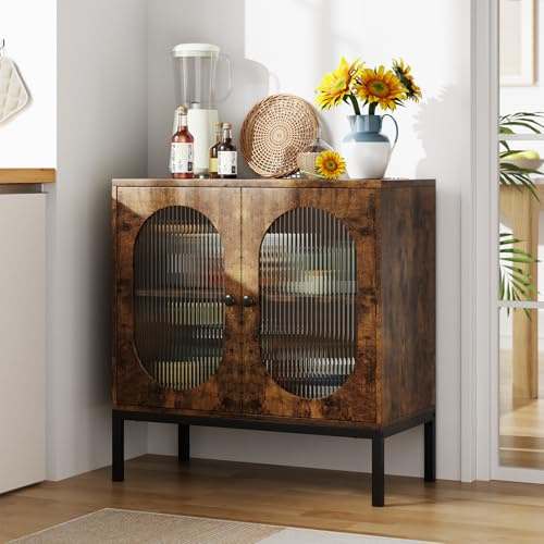 JOLLYTOP Glas Sideboard Anrichte mit Türen und Verstellbarem Einlegeboden, Farmhouse Boho Aufbewahrungsschrank für Esszimmer Wohnzimmer Flur, Vintage-Braun