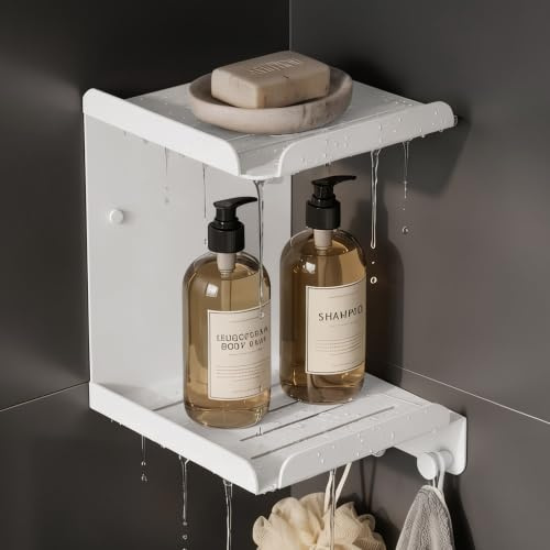 Mai & Mai Duschablage ohne Bohren, Duschregal mit 2 Etagen und 3 Haken | Badregal Ecke zum Schrauben oder Kleben, Badezimmer Organizer Duschregal, Duschkörbe zur Wandmontage, Weiß Reglo-14