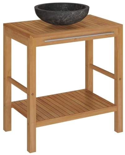 Owoxanthellate Waschtisch Massivholz Teak mit Waschbecken Marmor Schwarz - Stilvoller Waschbeckenunterschrank für Badezimmer & Gäste-WC - Badmöbel Set mit Handtuchstange - 74x45x75 cm