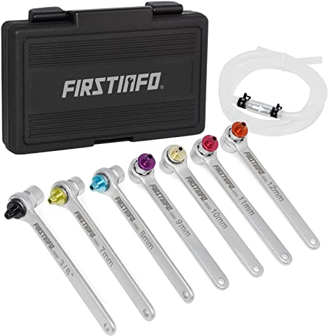 FIRSTINFO Mini Bremsen-Entlüftungsschlüssel-Satz, 7-teilig, inkl. 1,2 M Bremsenentlüftung-Schlauch mit Rückschlagventil