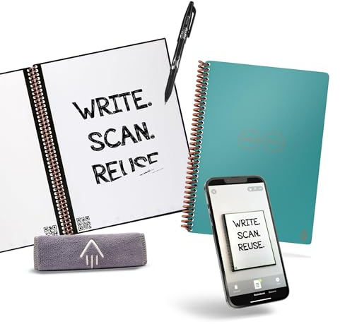 Rocketbook Core Wiederverwendbares Digitales Notizbuch - Executive A4 Hellblau - Elektronischer Notizblock mit Punktraster - Wiederbeschreibbar mit inkl. Pilot Frixion Stift und Mikrofasertuch