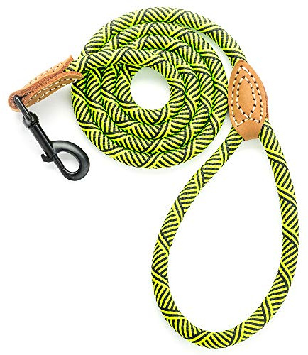Mile High Life Rope Leash with Genuine Leather Connection, 6 FT/5 FT/4 FT, Heavy Duty Leash for Medium & Large Dogs(Lime Green,60 Inch-1/2)