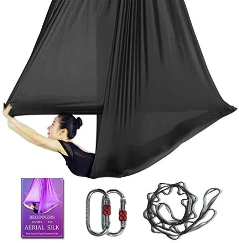 Aerial Yoga Hammock L:5M W:2.8M Aerial Pilates Silk Yoga Swing Set with 2000 Ibs Load Include Daisy Chain, Pose Guide (Black)