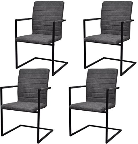 Festnight 4er Set Esszimmerstühle Schwingstuhl mit Armlehne | Essstuhl Küchenstuhl Freischwinger Stühle für Esszimmer Küche | Grau Geriffelt 53 x 61 x 88,2 cm