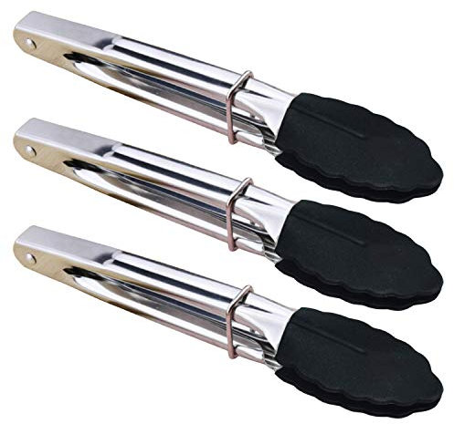 HINMAY Small Serving Tongs with Silicone Tips 7 Inch Kitchen Tongs, Set of 3 (Black)