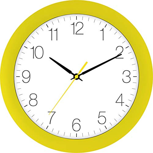 Eurotime Funkwanduhr, 30 cm, Gelb, Kunststoffgehäuse, gewölbtes Echtglas, automatische Zeitein- und Zeitumstellung von Sommer- und Winterzeit, klares Zifferblatt, 52800-03-1