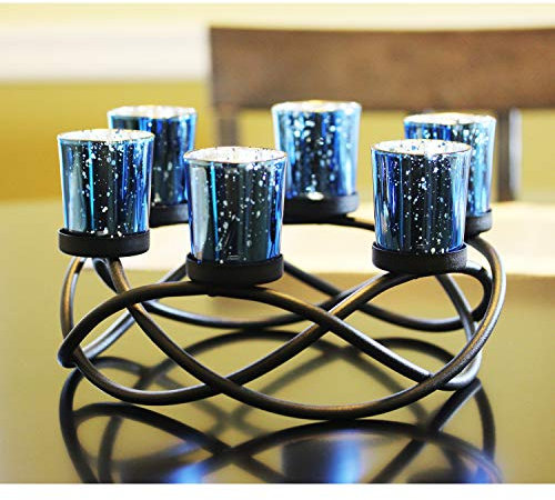 Seraphic Iron Round Table Decor Centerpiece Decorations Candle Holder for Weddings, Patio, Kitchen, Dining Room, and Coffee Tables, Glass Votive Tealight Holders, Black, 6 Blue Cups