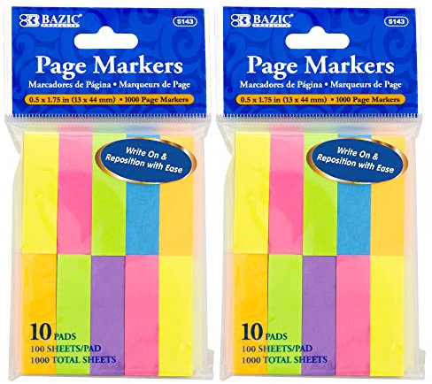 BAZIC Neon-Seitenmarker, 1,3 x 4,4 cm, neonfarbene Index-Tabs, Haftnotizen für Seitenmarker, Lesezeichen, beschreibbare Registerkarten (1000 Blatt/Packung), 2 Stück