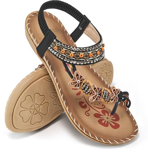 Ablanczoom Flache Damen-Sandalen, Sommer, Gladiator, Bohemian, Perlenkleid, bequem, offene Zehenpartie, elastische Knöchelriemen, Schlupfsandalen, Schwarz, 37.5 EU