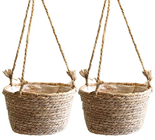 Hapeisy 2 Stück Juteseil hängende Pflanzkörbe, Hängeblumentopf, Hängepflanzenhalter, Hängekörbe für Pflanzen, Blumentöpfe