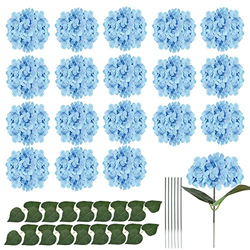 20 fiori finti di ortensia in seta con steli e foglia, fiori artificiali di ortensia in seta, per casa, matrimoni, bouquet da sposa, composizione floreale, centrotavola (blu)