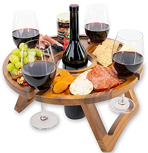 Table à Vin Pliante Extérieure - Maintient Les Verres à vin et la Bouteille en Place - Support De Verres à Pied - Porte-Verre à Vin Suspendu - Table de Pique Nique - Outdoor Wine Picnic Table