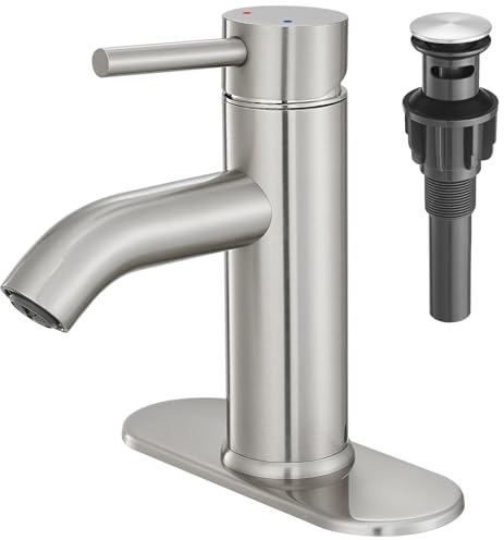 Brushed Nickel Bathroom Faucet Single Handle Bathroom Vanity Sink Faucet with Pop-up Drain, Rv Lavatory Vessel Faucet Basin Mixer Tap with Deck Plate