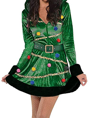 Women Christmas Tree Elf Dress Xmas Tree Adult Hooded Costume Dress Fancy Cosplay Costume with Belt (Green, Large)