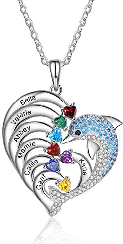 ALBERTBAND Personalisierte Herz Delphin Halskette mit 2-8 Namen Eingravier Geburtsstein Anhänger für Frauen Familienversprechen Halskette zum Valentinstag Schmuck Geschenk (7 names)