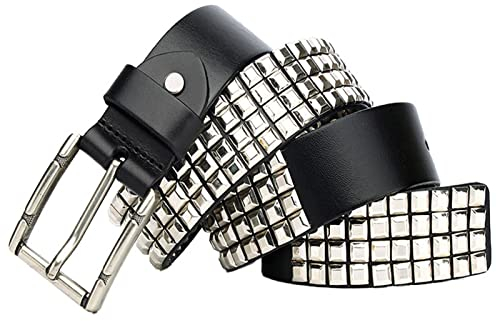 Echtleder Ledergürtel Punk Rock Nietengürtel 4 Reihen Pyramidennieten Metall Ledergürtel Jeans Rock Cosplay Gürtel Stücke für Damen Herren,38mm Breit,Schwarz,105cm/waist:34~36