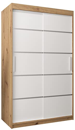 MEBLE KRYSPOL Schwebetürenschrank Verona 1 120 cm Kleiderschrank mit Kleiderstange und Einlegeboden Schlafzimmer- Wohnzimmerschrank Schiebetüren Modern Design (Schubladen: 0, Artisan Eiche + Weiß)