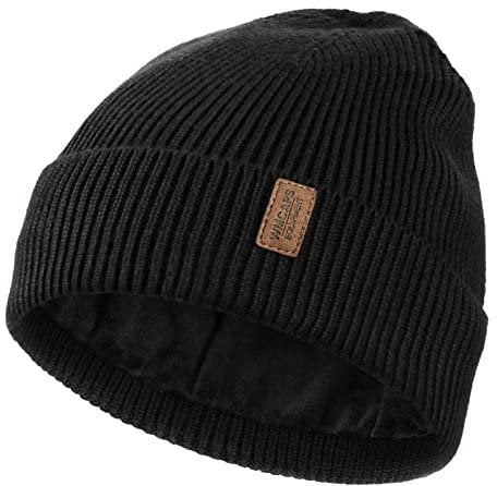 Beanie for Men, Stretchy Soft Cuffed Wooly Beanie with Thick Warm Lining, Unisex Classic Winter Hat, Gifts for Women/Men/Her/Him/Dad (Black)
