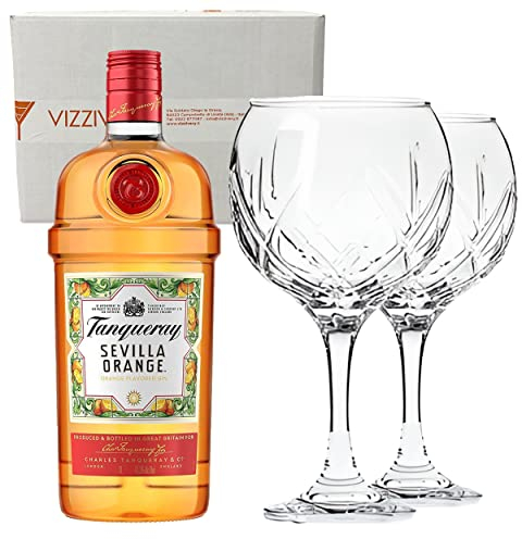 TANQUERAY GIN SEVILLA ORANGE - Distilled Gin 41,3% Vol. 1000 ml - Due Bicchieri In Vetro Borgonovo 620 ml