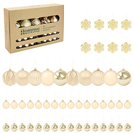 The Christmas Workshop Set of 50 Shatterproof Textured Baubles/Elegant Festive Designs/Christmas Tree Decorations with Hanging String/Various Sizes and Styles (Champagne)