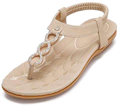 Amissz Femmes Sandales Plates Été Casual T-Strap Strass Bohème Fleur Glisser sur Les Chaussures Tongs de Plage Vacances