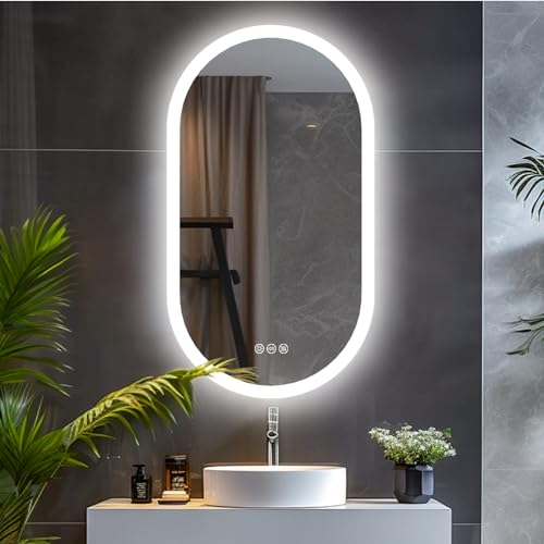 LUVODI Oval Badspiegel mit Beleuchtung: 50x80 cm LED Ovaler Badezimmerspiegel mit Hintergrundbeleuchtung, 3 Touch Schalter, Beschlagfrei, 3 Lichtfarben Dimmbar, Speicherfunktion Bad Schminkspiegel