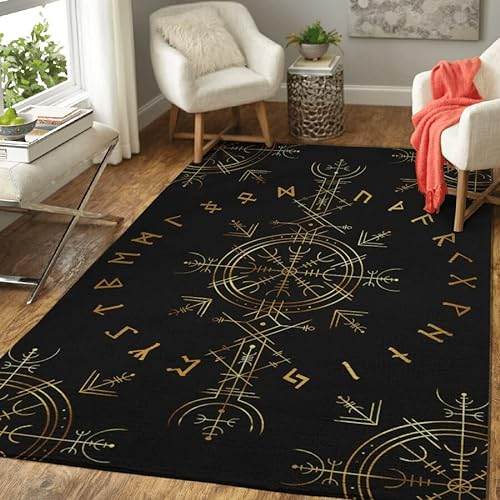 Teppich Kurzflor Wikinger Runen Mythos Odin Krähe Wolf Muster Flanell Flauschig Weich rutschfest Teppiche Wohnzimmer Kinderzimmer Deko Schlafzimmer Flur Läufer Indoor Carpet Spielteppich 140x200 cm