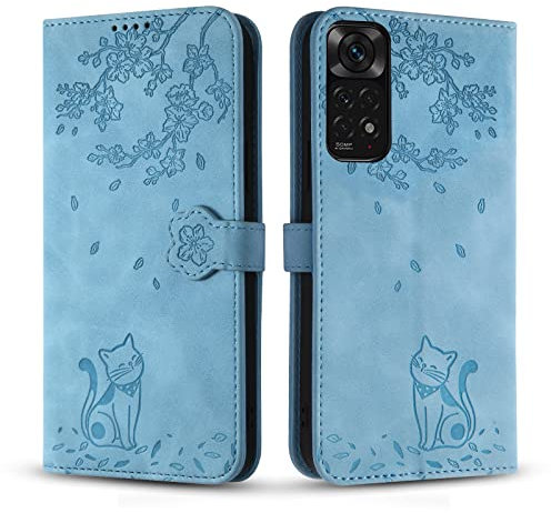 Vaitasy Handyhülle für Xiaomi Redmi Note 11/ Note 11S, Premium PU Leder Cover mit Magnetic Closure Ständer Schutzhülle für Redmi Note 11S - Blau Katze