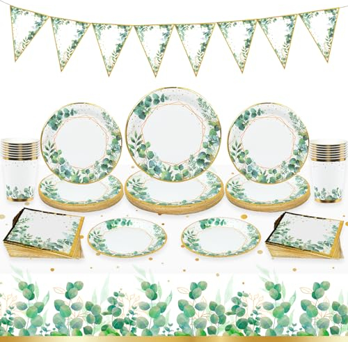 Juego de Vajilla para Fiesta, Platos y Servilletas de Papel Verde Salvia con Mantel y Pancarta, Platos Desechables para Decoraciones de Cumpleaños, Baby Shower, Boda, Picnic, Suministros para Fiesta