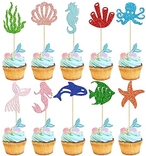 Gyufise 30Pcs Mermaid Cupcake Toppers Glitter Starfish Coral Mermaid Tail Cupcake Picks Octopus Seahorse Jellyfish Cake Decorations for Under the Sea Mermaid Theme Baby Shower Birthday Party Supplies