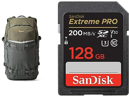 Lowepro Flipside Trek 450 Rucksack, Kamerarucksack für DSLRs und mehrere Objektive & SanDisk Extreme PRO SDXC UHS-I Speicherkarte 128 GB