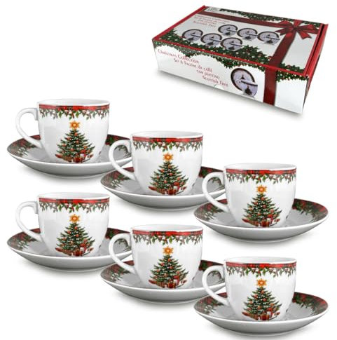 ARCA, Set di 6 Tazze da Caffè con Piattino in Porcellana, per 6 Persone, con Decorazione Natalizia Scozzese, Resistenti e Durature, Ideali per la Tavola, Idea Regalo di Natale, 4,5x5,5 cm
