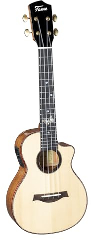Konzertukulele mit Cutaway, Fame Spruce Standard Uke, Massive Fichtendecke, Mahagonihals, Belcat Tonabnehmersystem, Natural-Hochglanz-Finish