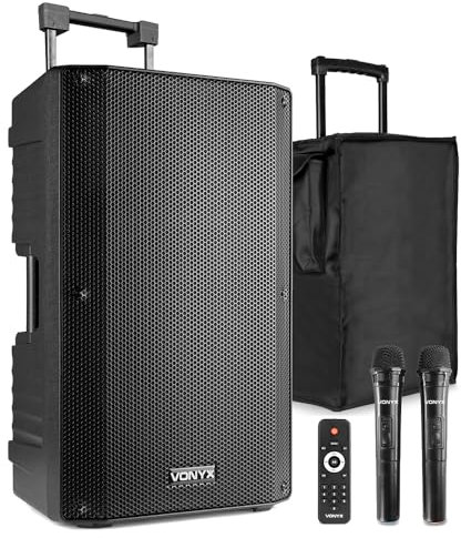 VONYX VSA500 12-Inch Portable PA System with 2 Wireless Microphones, Bluetooth, USB & SC12 Protective Cover – Battery Operated Speaker for Karaoke, Events, Announcements & Presentations